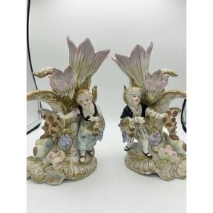 2 Pc Lenwile Ardalt Colonial French Boy & Girl Fruit Flower Double Vase Figurine